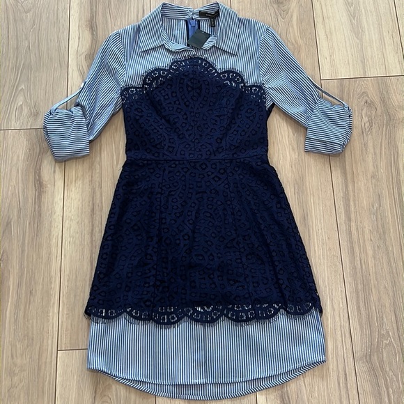 New BCBGMaxAzria Kaylin Striped Shirt Lace Bodice Dress - Picture 3 of 12